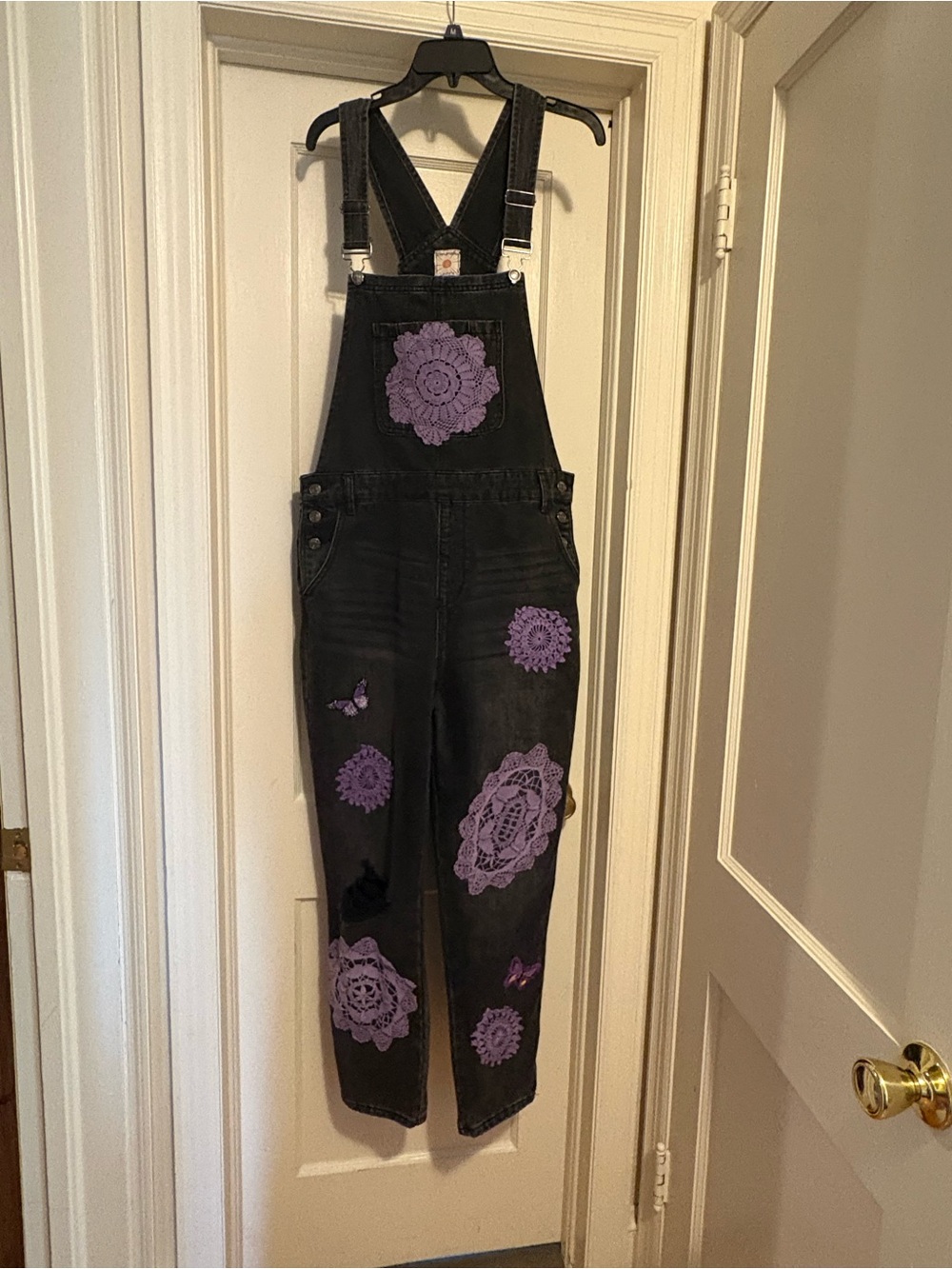 Black Denim Women's Overalls with Purple Crochet Accents